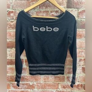 BEBE RHINESTONE BLACK KNIT FITTED SWEATER SIZE MEDIUM Vintage